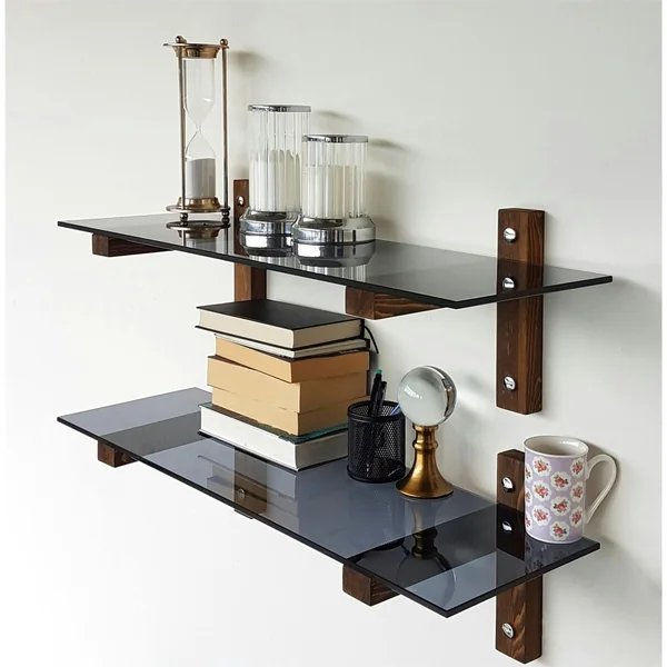 Étagère murale en verre fumé - supports bois foncé (lot de 2) LHASA
