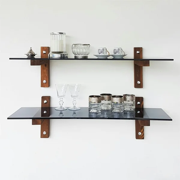 Étagère murale en verre fumé - supports bois foncé (lot de 2) LHASA