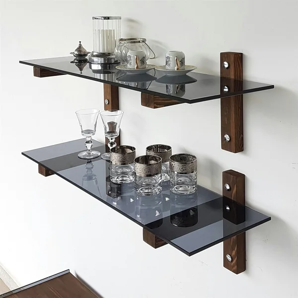 Étagère murale en verre fumé - supports bois foncé (lot de 2) LHASA