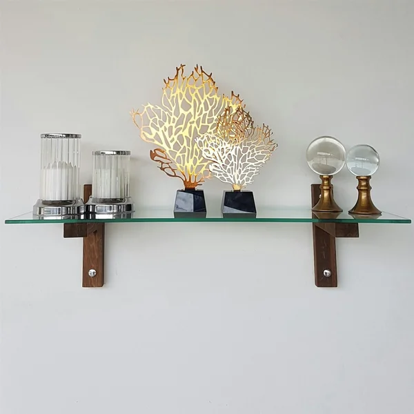 Étagère murale en verre - supports bois foncé LHASA