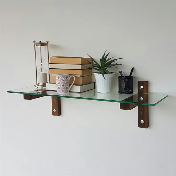 Étagère murale en verre - supports bois foncé LHASA